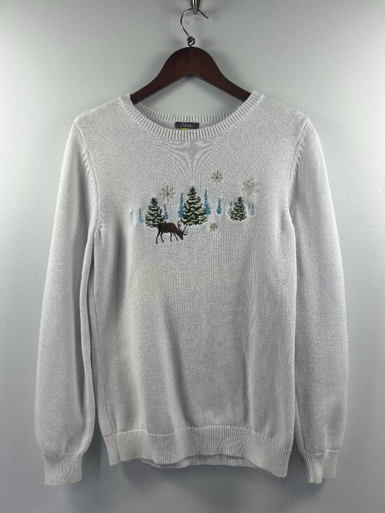 Cabela's Sweaters - Cabela's White Cotton Embroidered Reindeer Christmas Sweater S